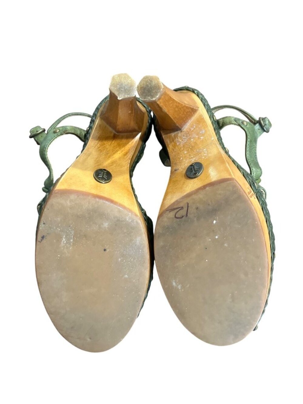 Frye Women Size 6.5 Dara Canvas Leather High Heel Sandals Wood-Heel Green Orange - Picture 6 of 10